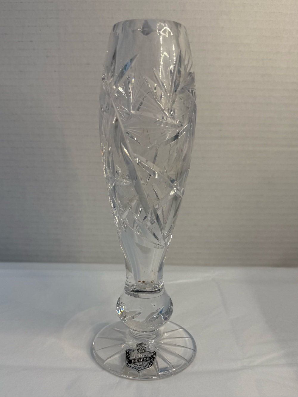 NWT VTG Bohemia Crystal "Belfor" Footed Bud Vase w/Pinwheel and Star Cut Pattern
